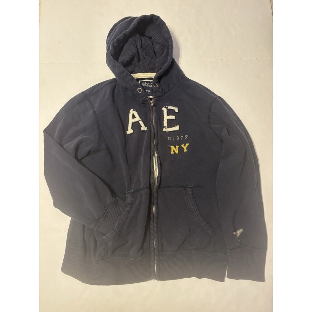 Vintage Y2K American Eagle Outfitters Blue Men's XXL Fleece Full Zip Logo Hoodie